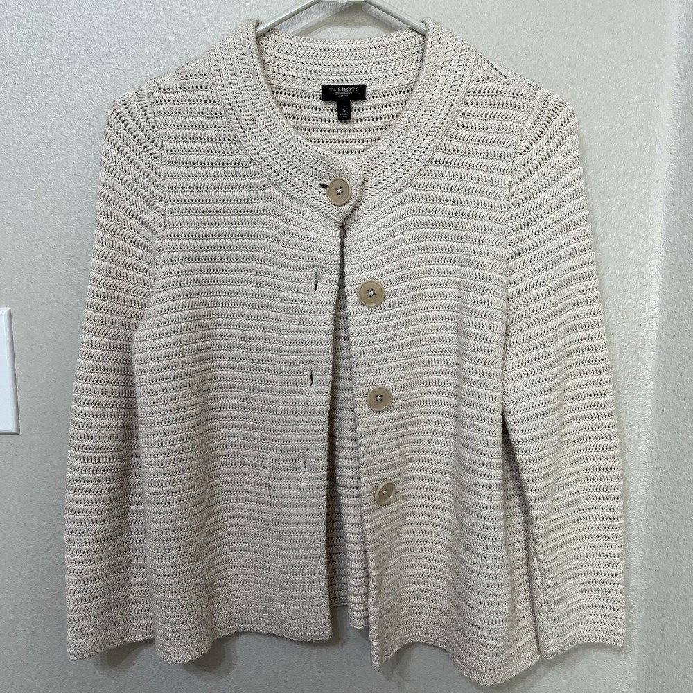 Talbots Cropped Sweater‎ Beige Sz Small Petite 3/4 Sleeve Button
